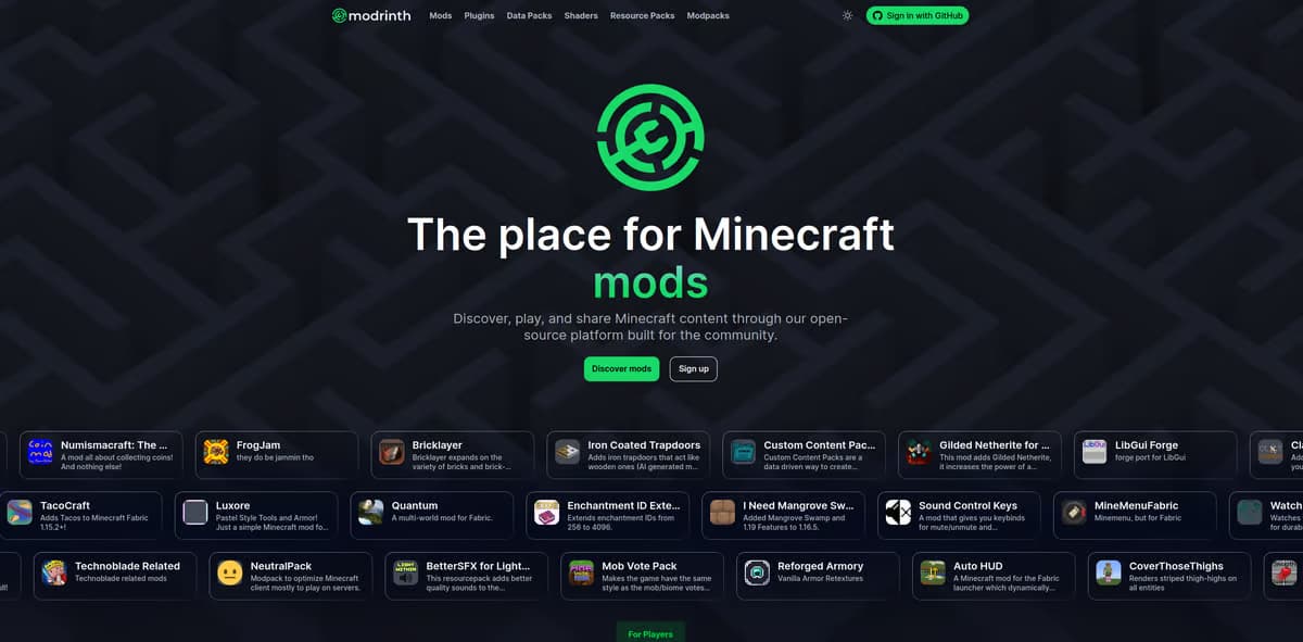 A screenshot of the new homepage, with a maze background and projects scrolling across the bottom. Bold across the front is "The place for Minecraft mods".